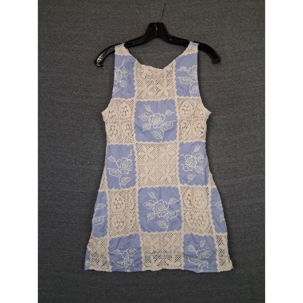 Sofie The Label Womens Dress L Blue Cream Crochet Patchwork Mini Coastal Boho